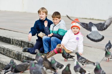  children feeding doves